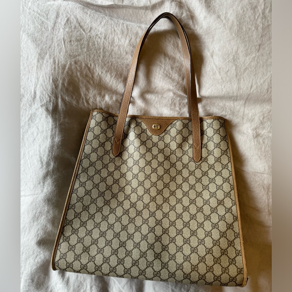 Gucci Vintage Brown Shopper Supreme GG Monogram Canvas Large Tote Shoulder Bag